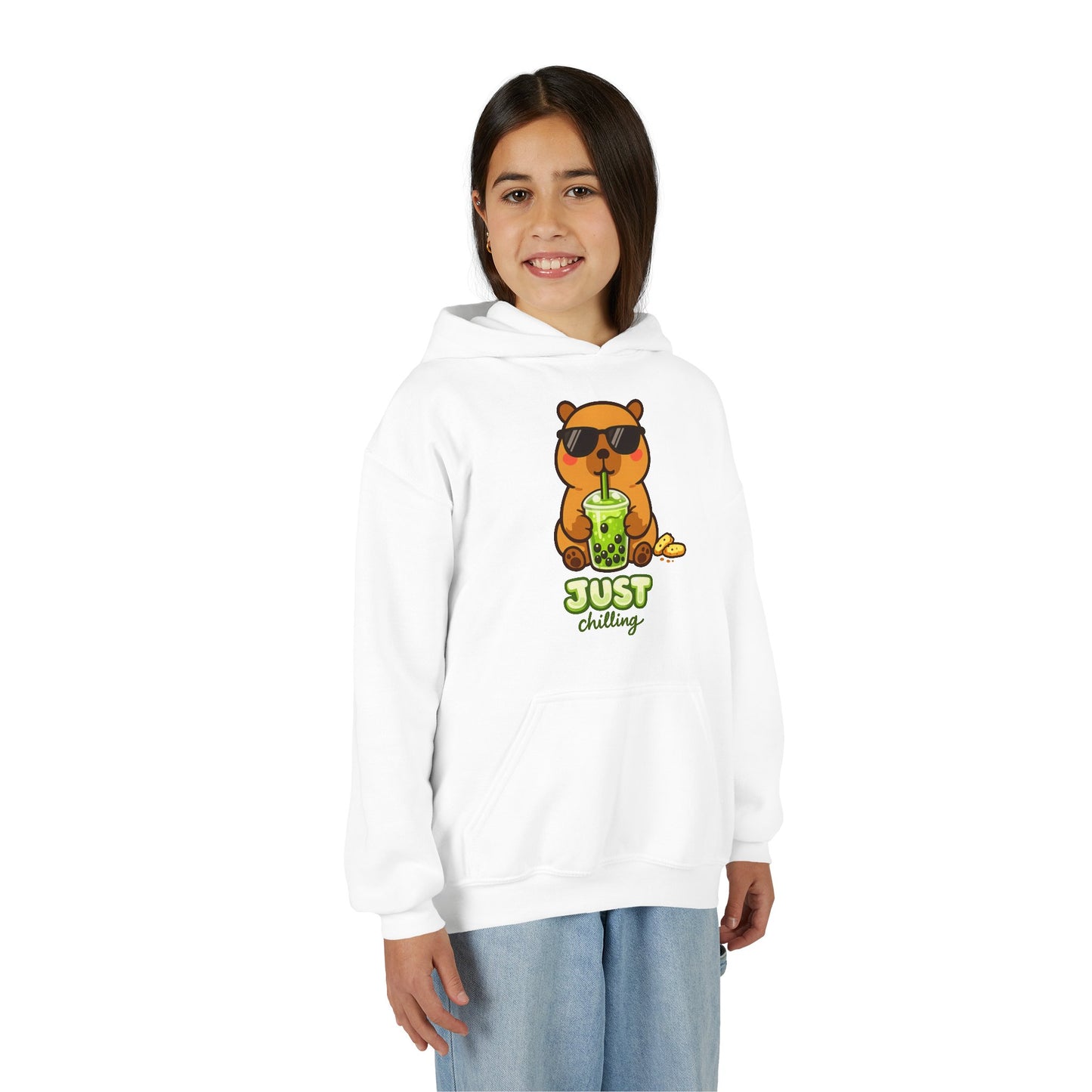 Girl wearing a white hoodie with a capybara graphic and 'Just Chilling' text on a white background