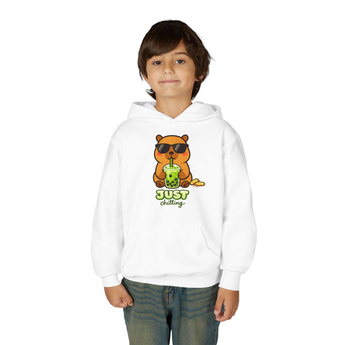 Youth Hoodie — 'Just Chilling' Sunglasses Capybara with Boba Tea