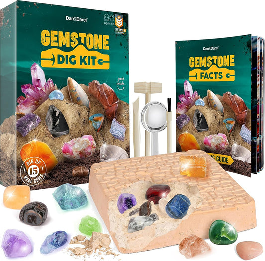 Dan & Darci Mega Gem Dig Kit - Dig up 15 Real Gemstones - Great Science kit, Gemology, Mining Gift for Kids, Boys Girls - Rocks, Minerals, Excavation Toys by Surreal Brands