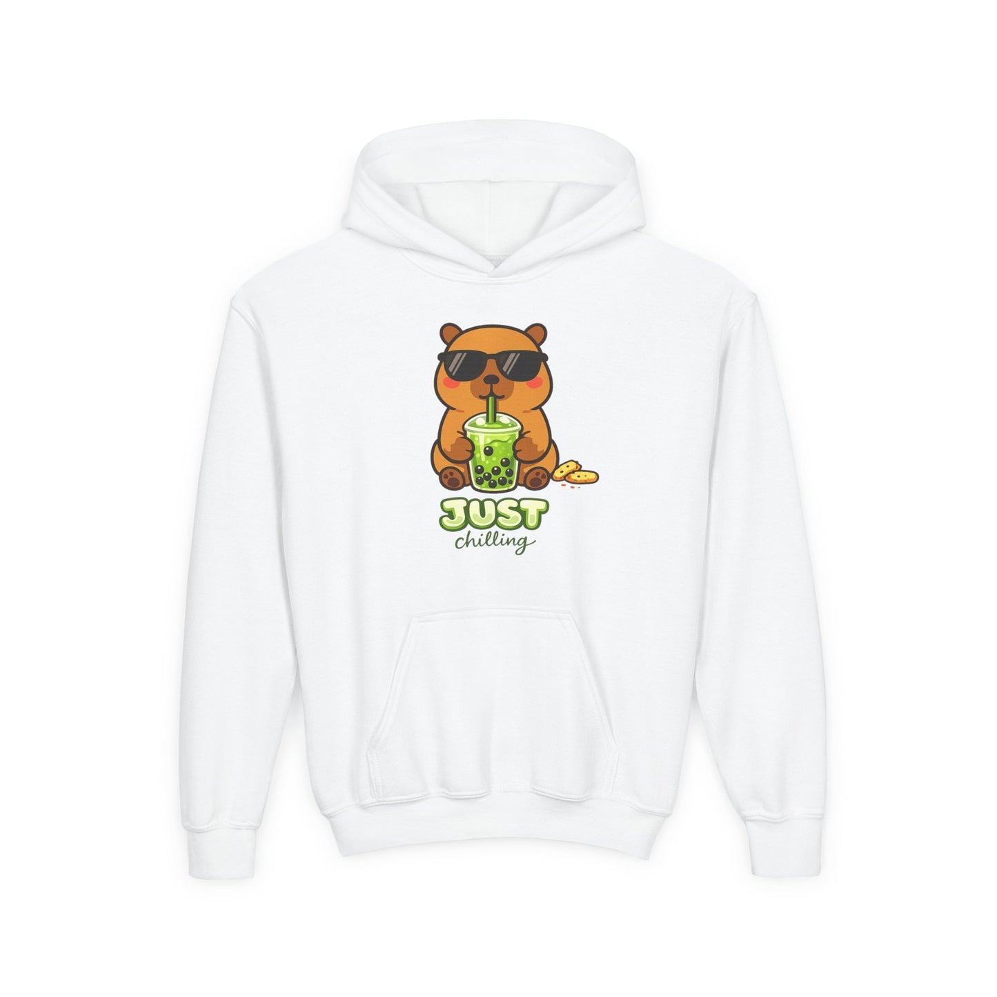 White hoodie with a capybara graphic drinking a boba matcha beverage and the text 'Just Chilling' on a white background.
